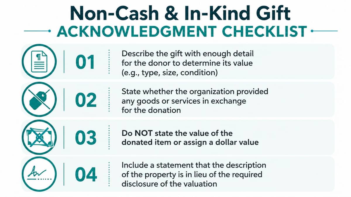 Checklist for documenting non-cash and in-kind gifts on a donation receipt