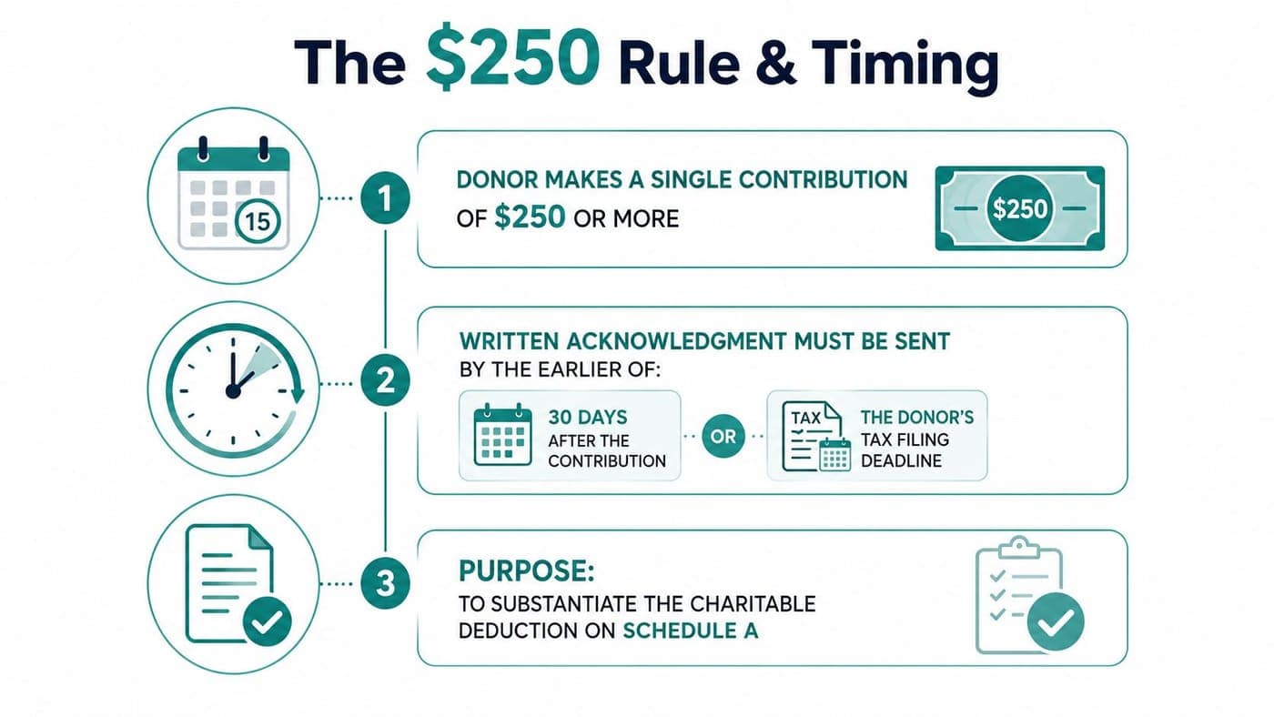 IRS 250 dollar donation receipt rule covering timing and required documentation