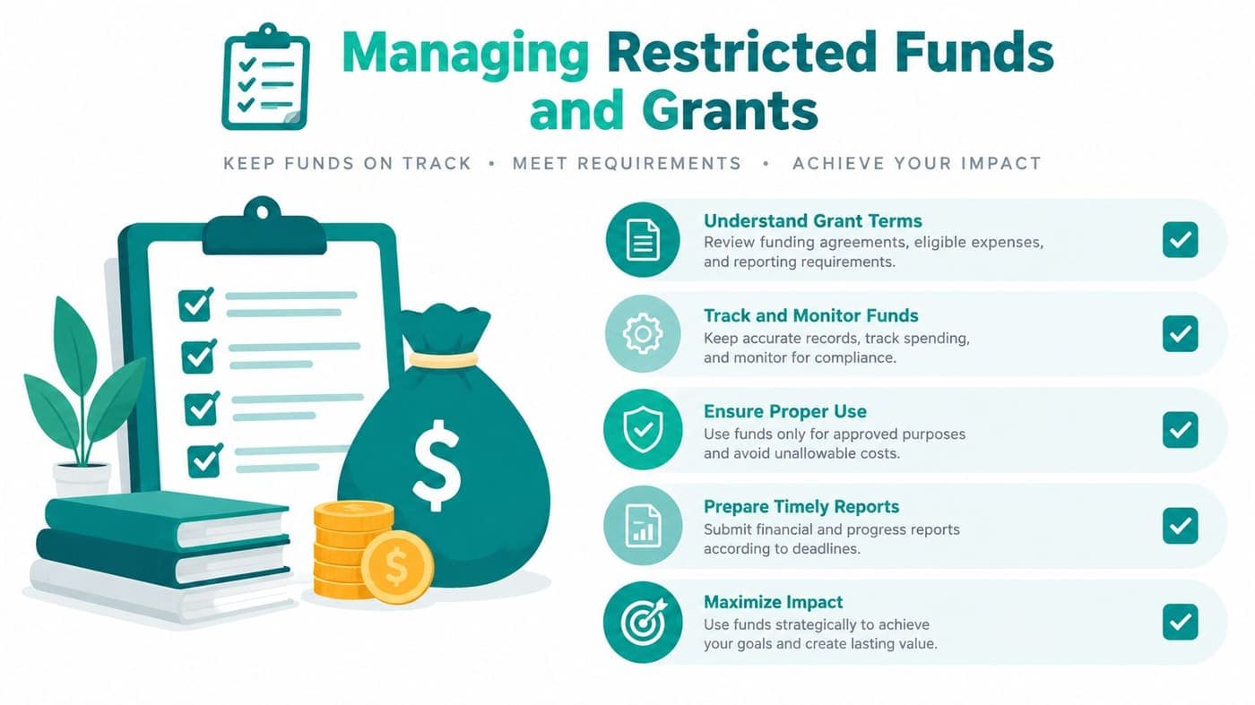 Infographic of five steps for managing restricted funds and nonprofit grants