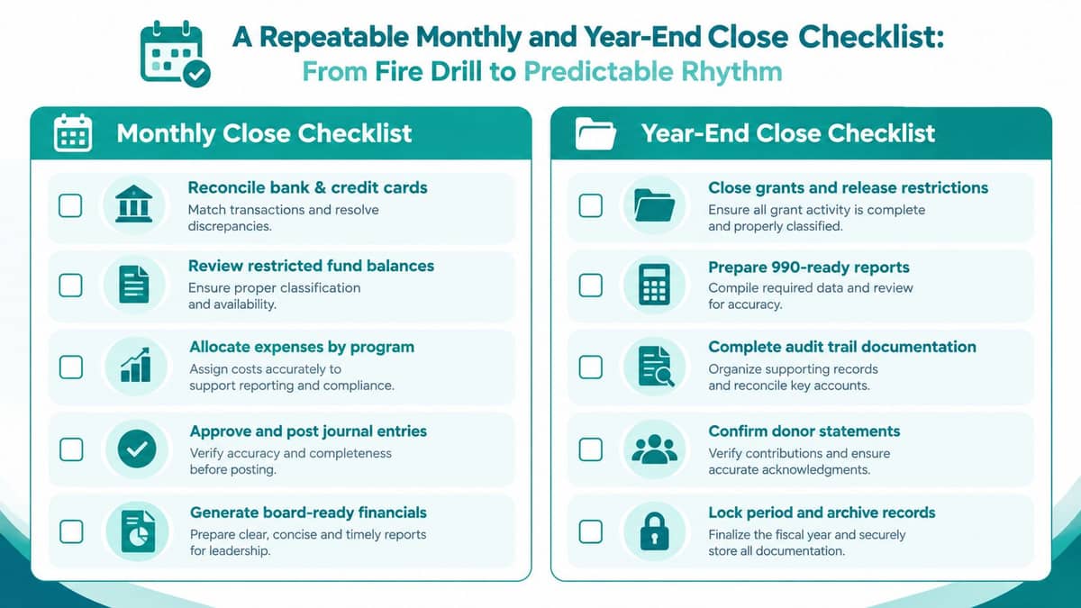 Monthly and year-end close checklist for nonprofit accounting and restricted funds