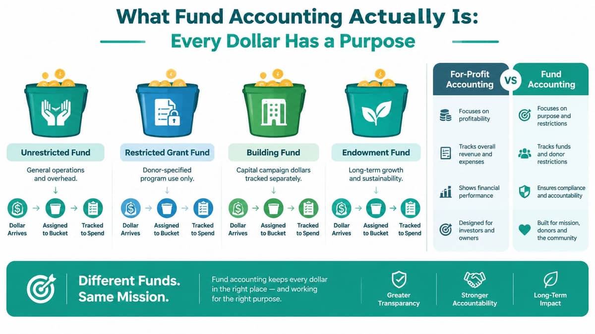 Fund accounting buckets for unrestricted grant building and endowment resources