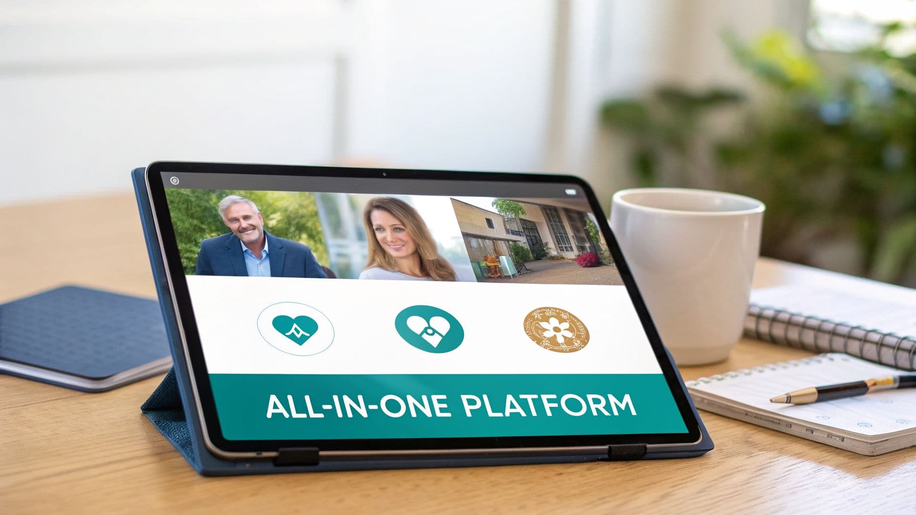 Tablet displaying an ALL-IN-ONE PLATFORM website with images of people and a house on a desk.