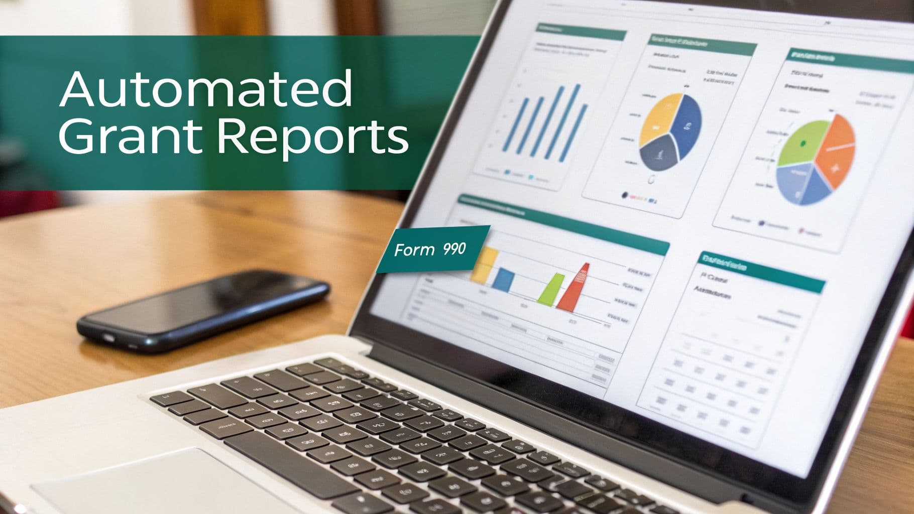 Laptop screen showing automated grant reports with charts, graphs, and a Form 990 label.