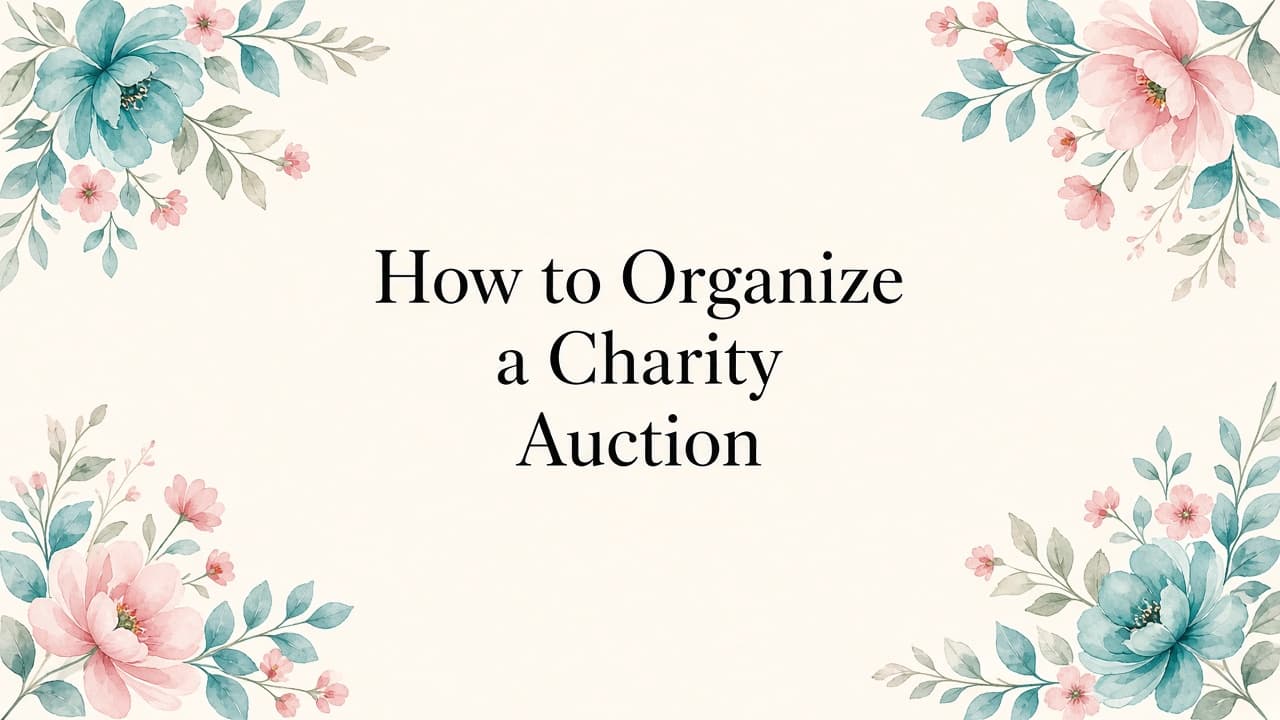 Cream title card with watercolor teal and pink flowers reading How to Organize a Charity Auction