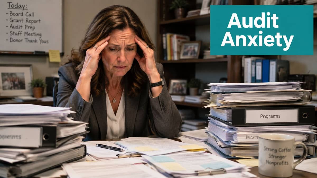 Nonprofit director facing audit anxiety with scattered grant and finance files