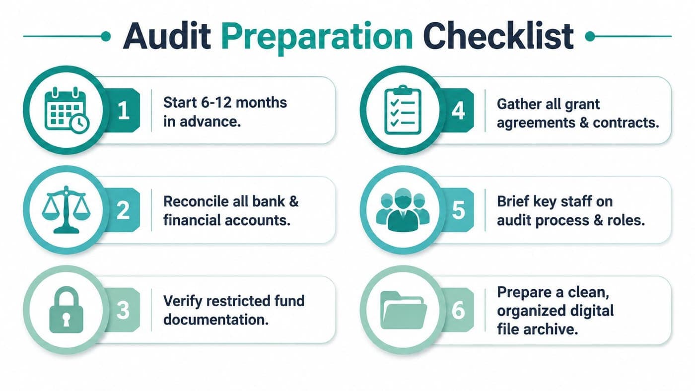 Six-step nonprofit audit preparation checklist for records funds and evidence