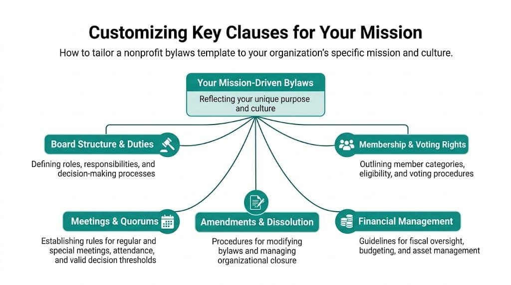 Diagram showing how to customize nonprofit bylaws to reflect an organization's specific mission and culture.