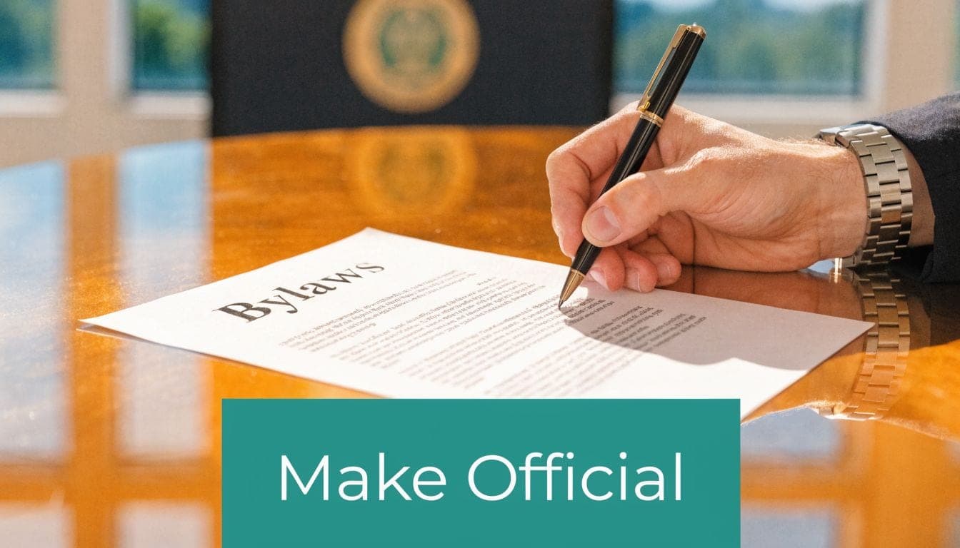Professional person signing a document titled Bylaws at a conference table in an office setting.