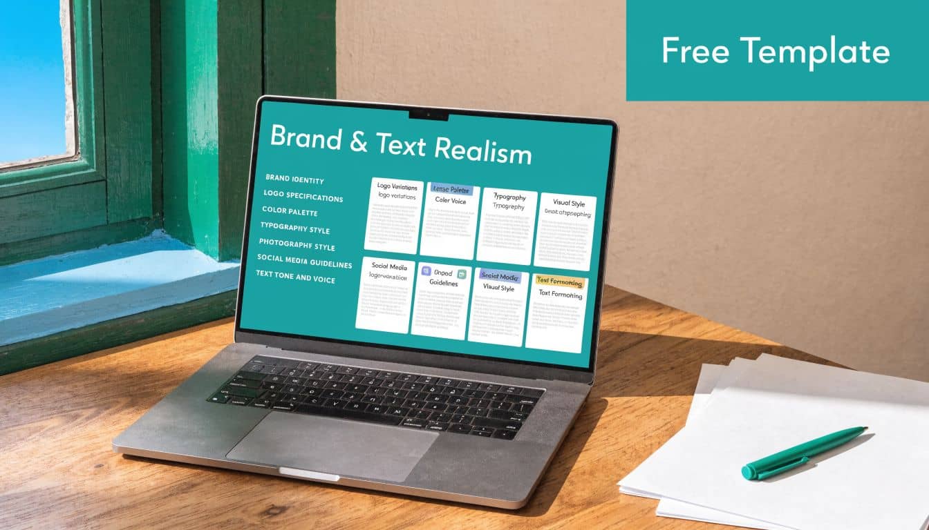 Laptop displaying a brand and text template on its screen sits on a wooden desk
