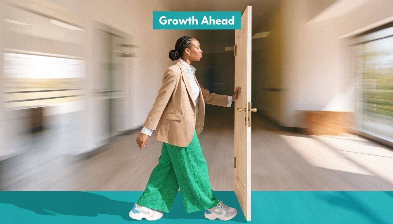 Woman in a blazer walking through an open door representing career growth and business opportunities