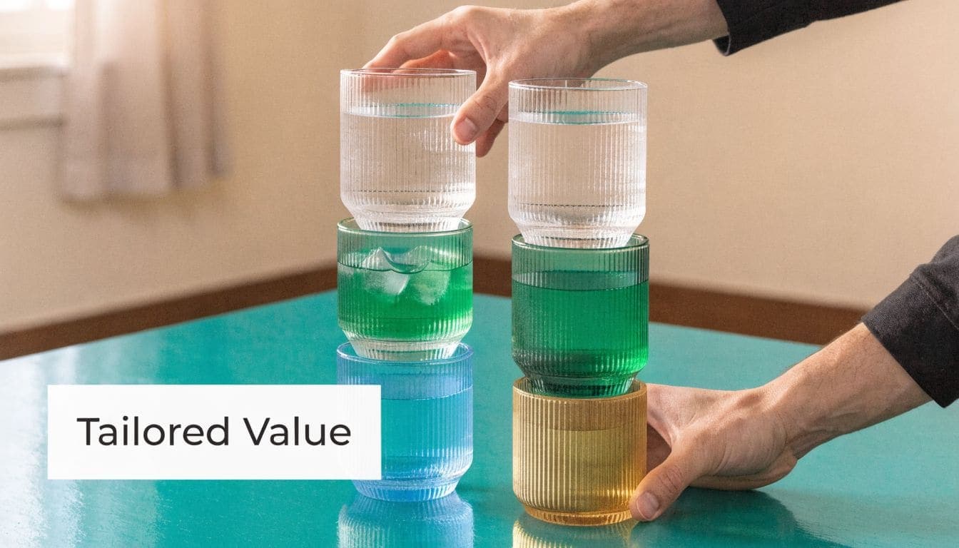 Person stacking colorful, ridged drinking glasses filled with various liquids on a bright turquoise surface.