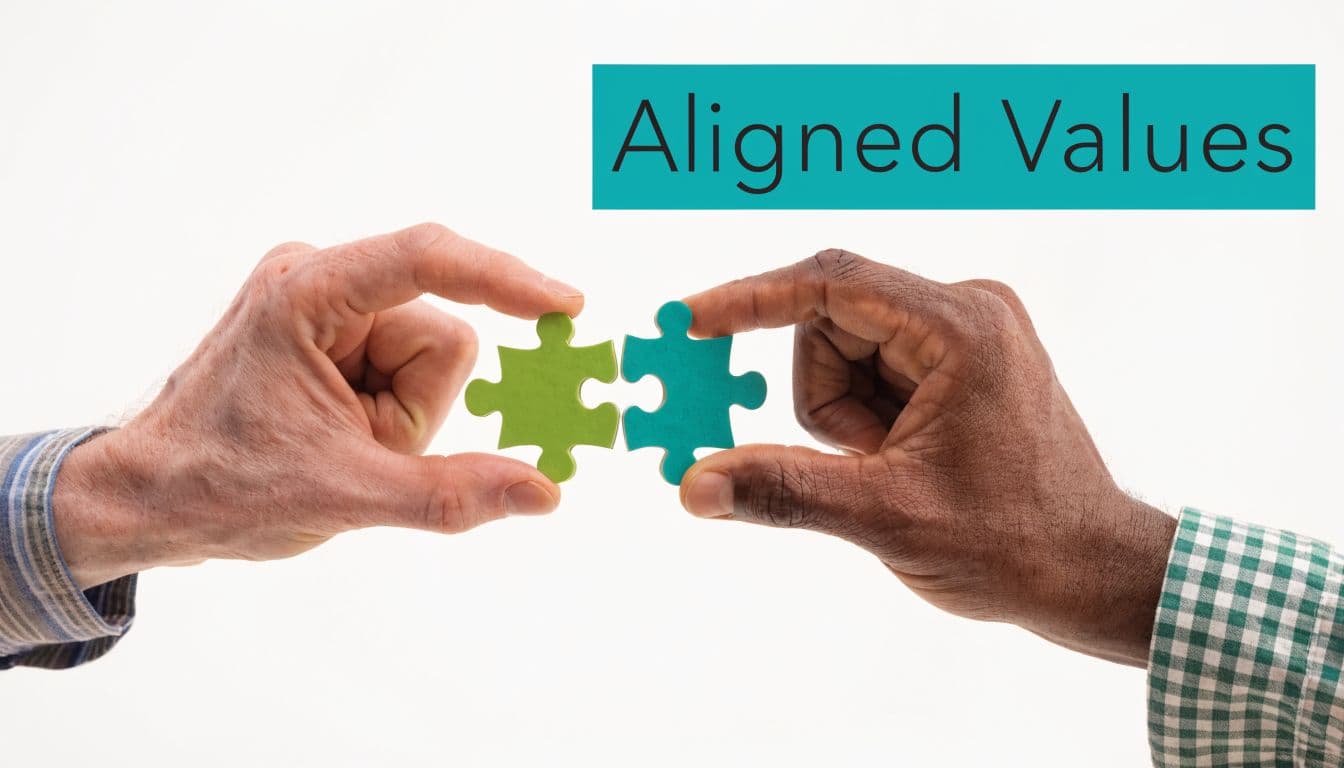 Two people of races holding matching green and teal jigsaw puzzle pieces together for alignment