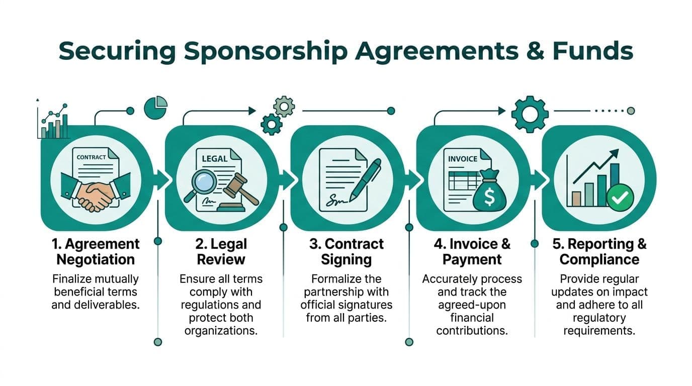 Five-step process infographic illustrating the workflow for securing corporate sponsorship agreements and managing project funding.