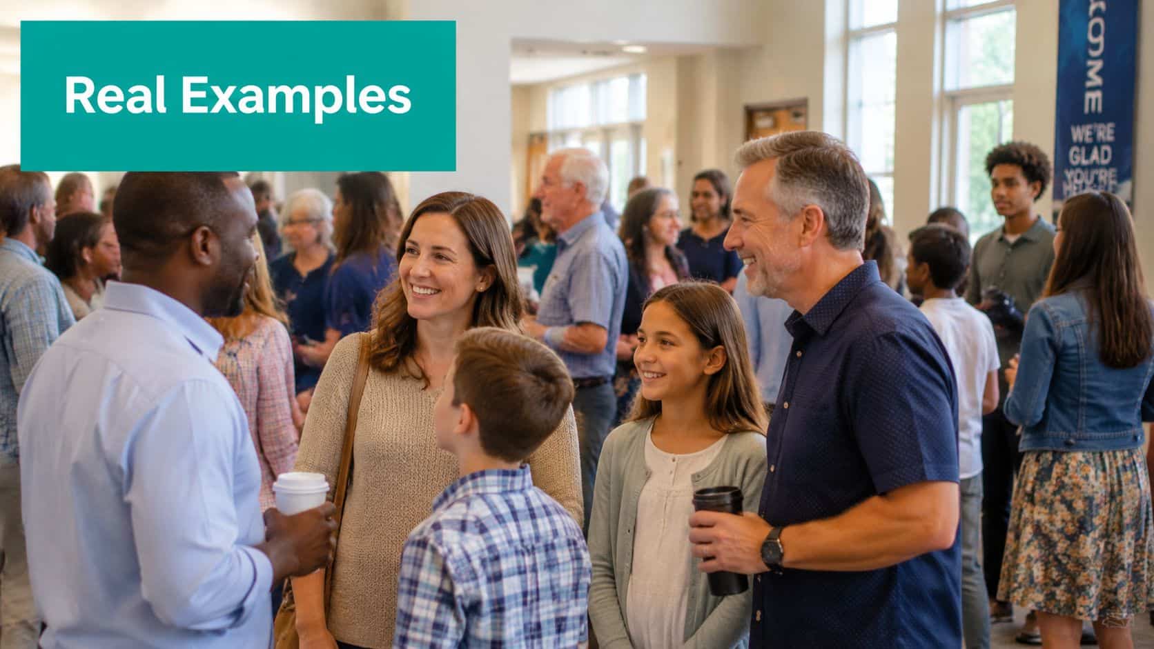 Group of people talking and smiling in a bright
