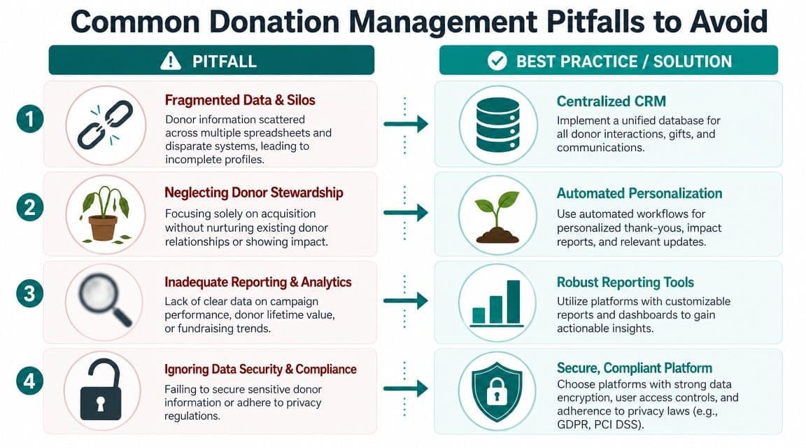 Chart detailing four nonprofit donation management pitfalls and their corresponding best practice solutions for organizations