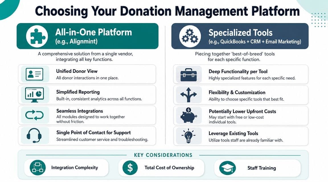 An infographic comparing all-in-one donation management platforms versus using specialized software tools for non-profits.