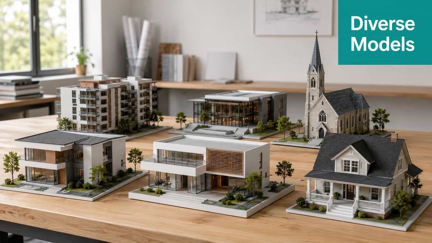 Several architectural models of building types displayed neatly on a wooden table in an office