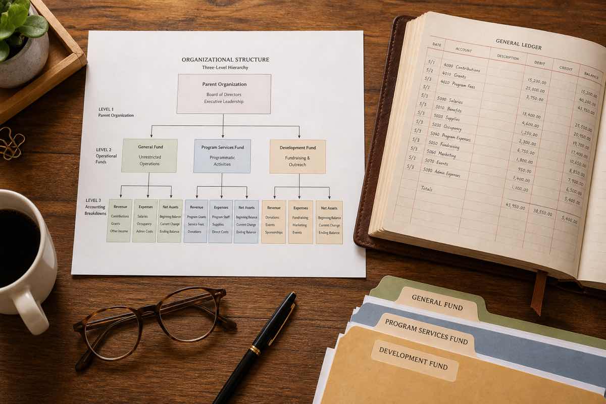 Nonprofit fund hierarchy diagram showing parent organization and nested fund levels