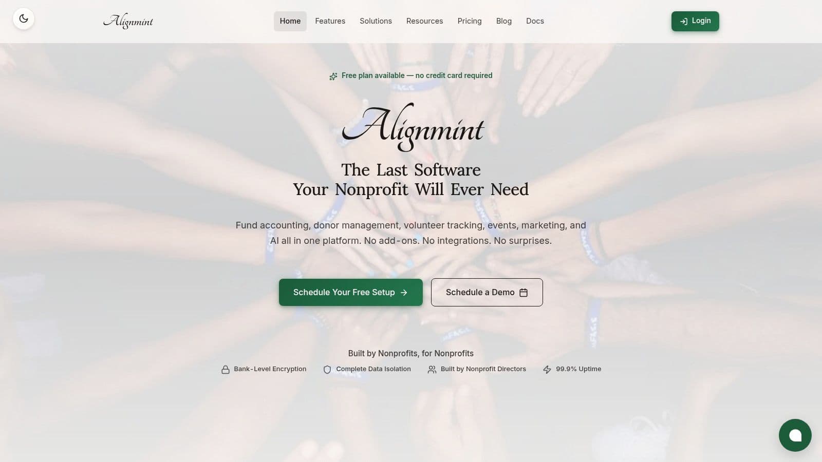 An AlignMint dashboard showing key nonprofit metrics like donations, restricted funds, and program expenses.