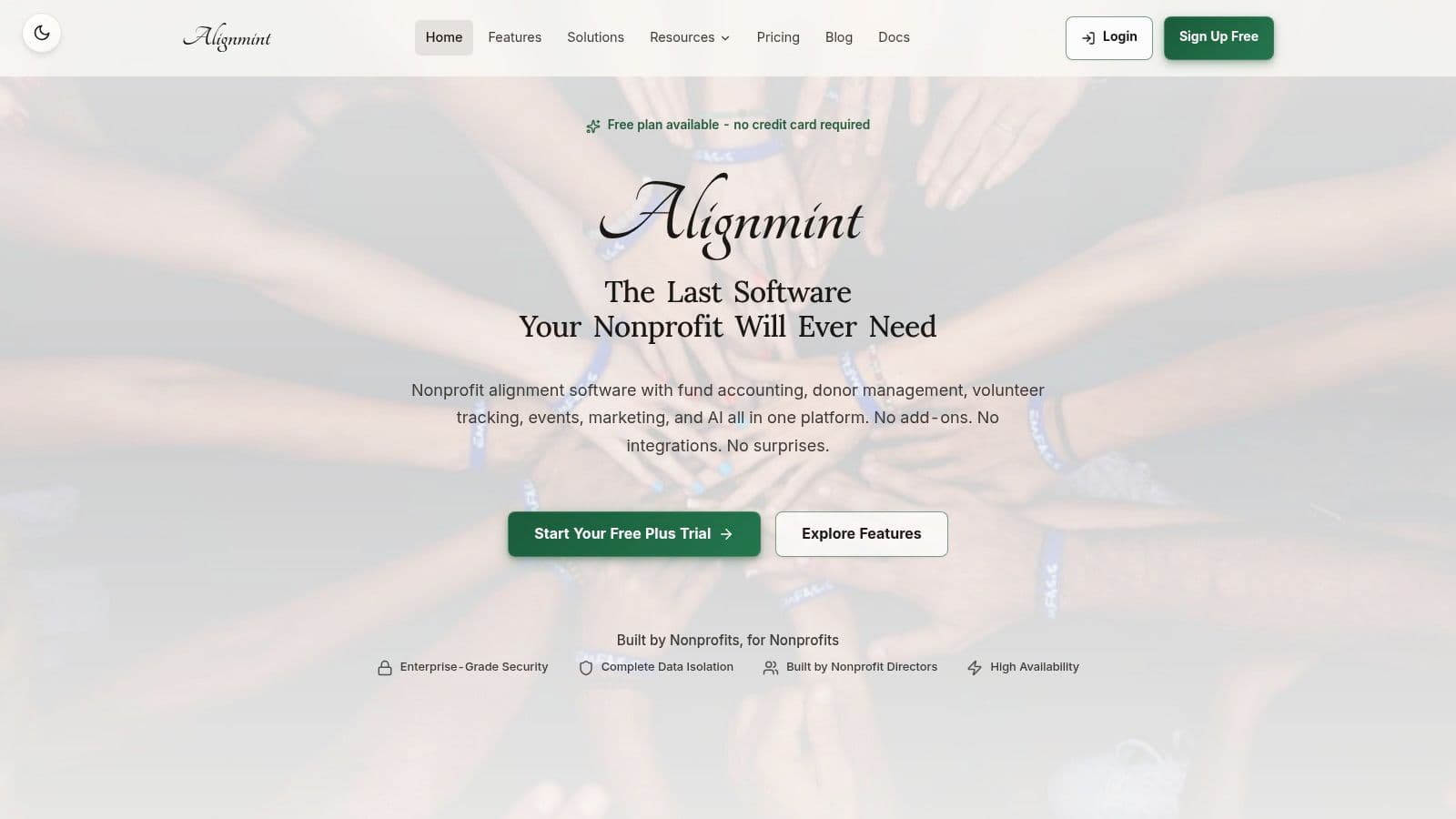AlignMint homepage showing fundraising donors volunteers and restricted funds
