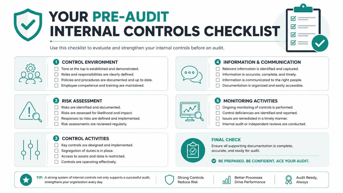 Pre-audit internal controls checklist covering cash grants access and documentation