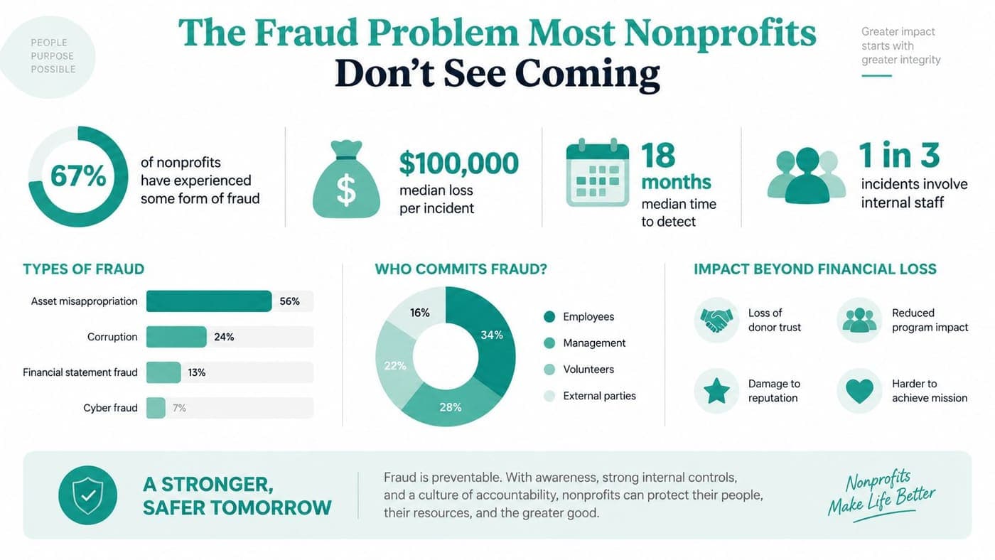 Nonprofit fraud statistics showing control gaps and common internal perpetrators