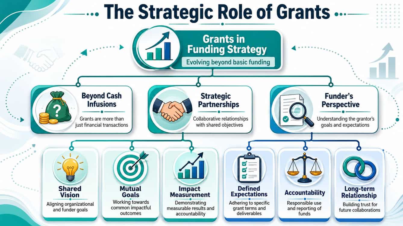 Diagram showing the strategic role of grants in funding, focusing on partnerships and shared goals.