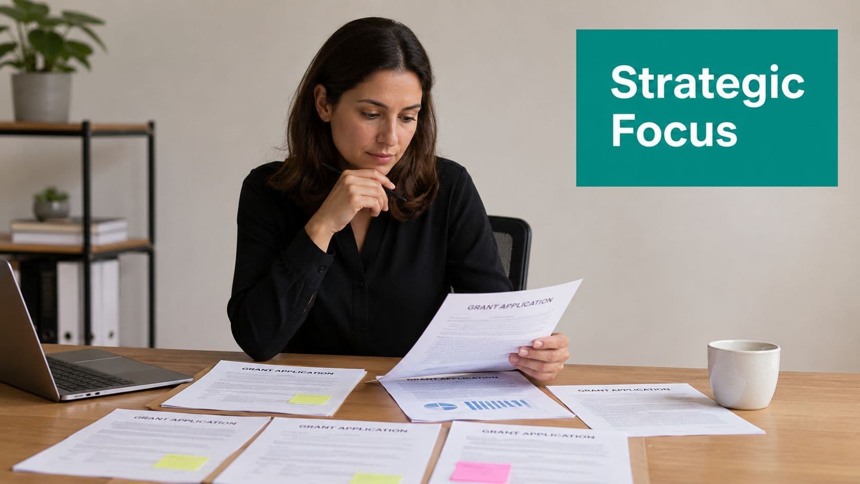 A professional woman in a black shirt reviewing grant application documents on her desk.