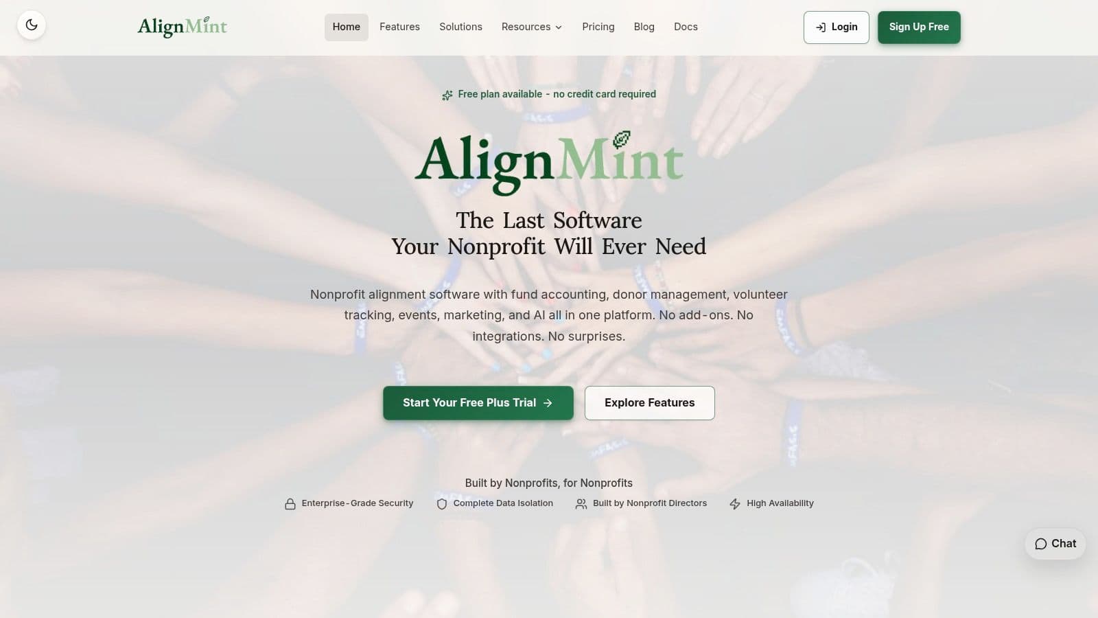 AlignMint homepage showing fundraising donors volunteers and restricted funds