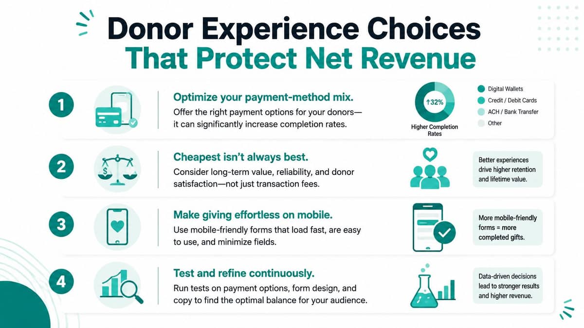 Donor experience choices that protect net revenue after processing fees