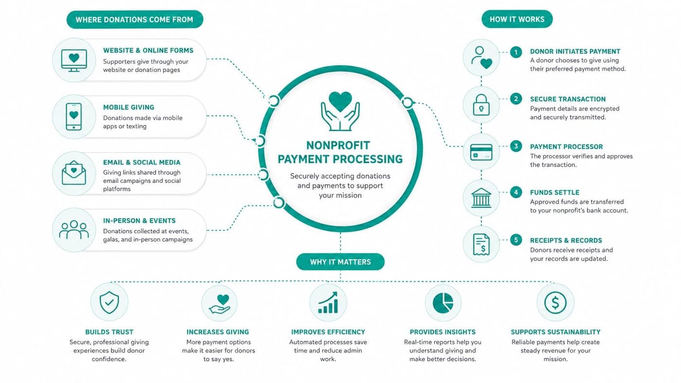How nonprofit payment processing moves gifts from checkout to funds and receipts