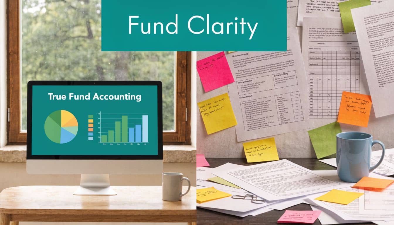 Modern workspace featuring a computer screen displaying financial charts and documents for nonprofit fund accounting.