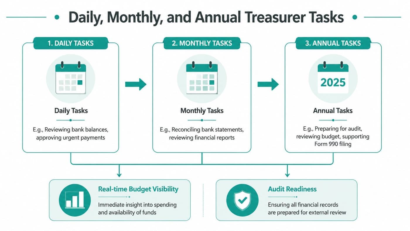 Treasurer task calendar for daily monthly and annual duties