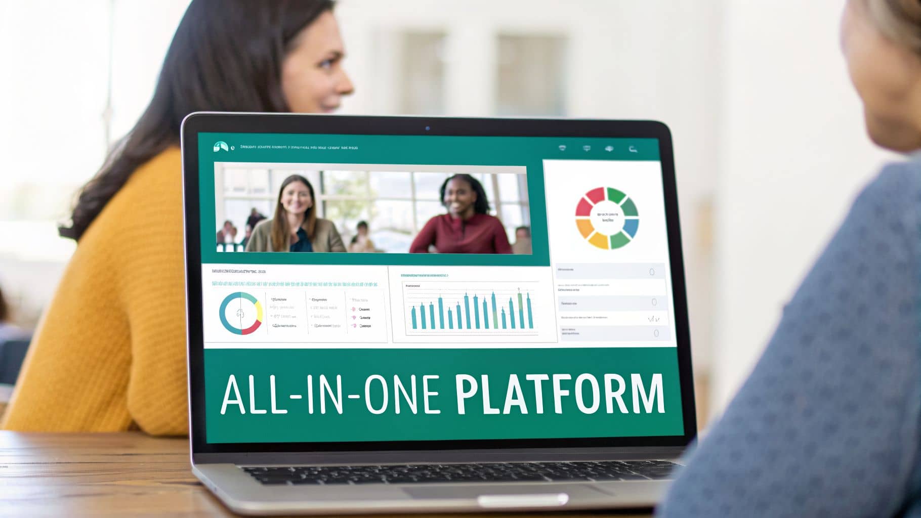 Laptop screen displaying an all-in-one platform with video conference