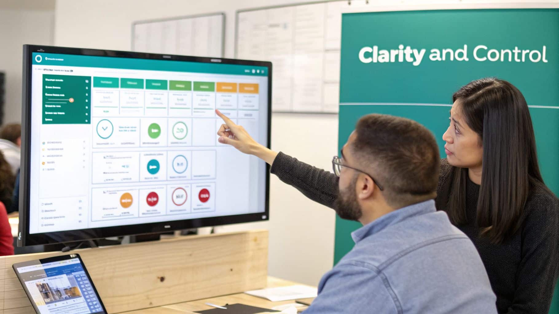 Two colleagues review and discuss data on a large monitor, demonstrating a software interface.