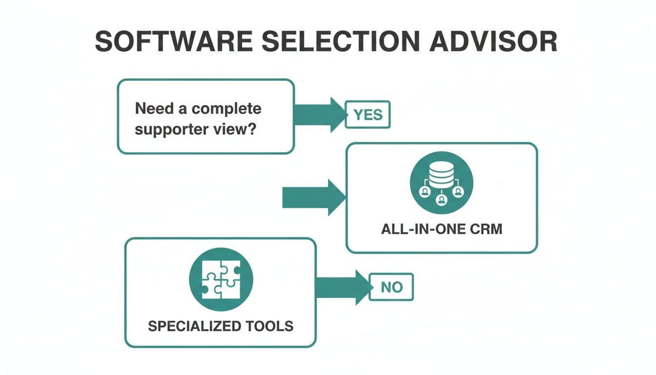 A software selection advisor flowchart guiding choice between all-in-one CRM and specialized tools.