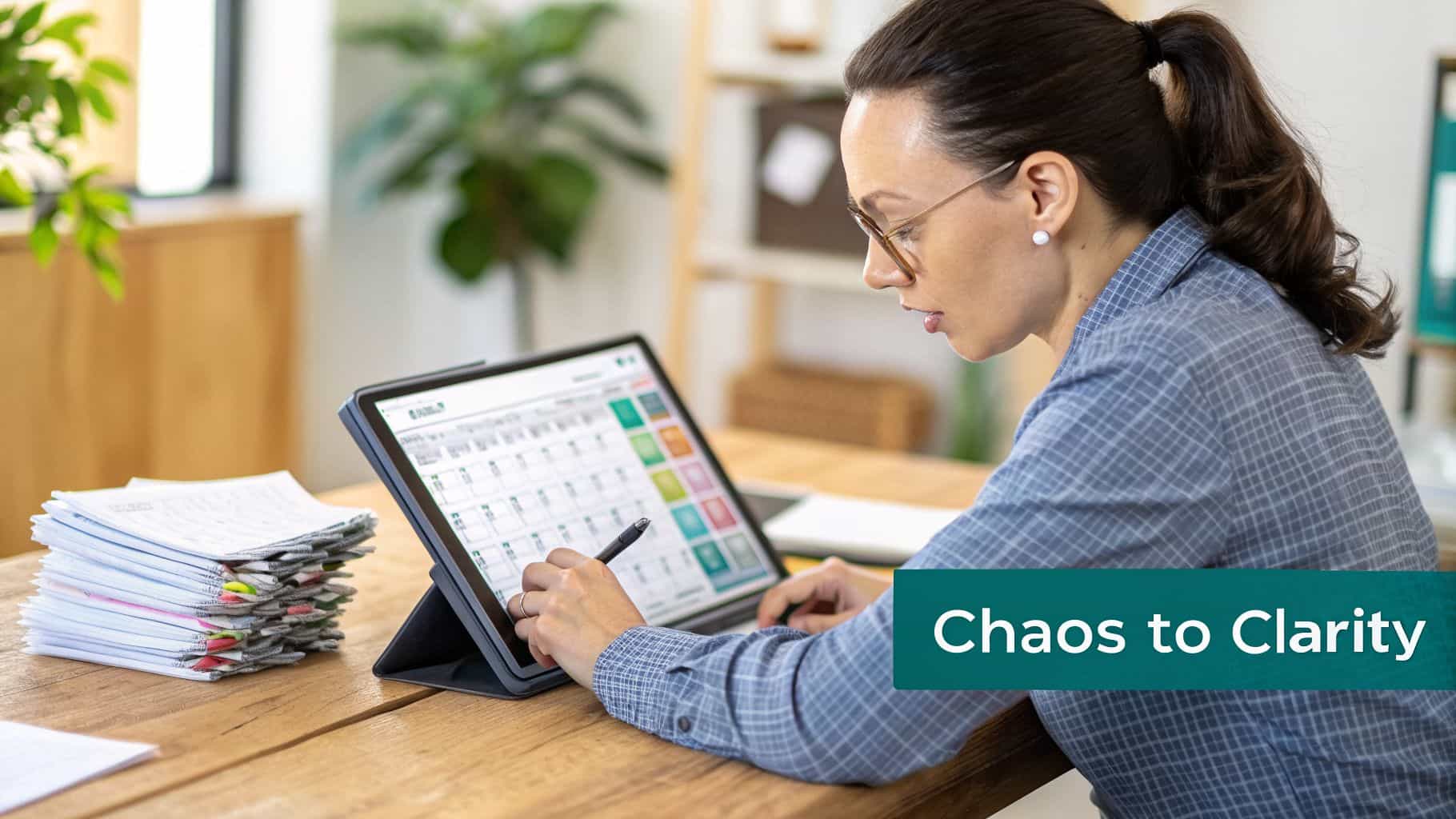 Woman wearing glasses uses a stylus on a tablet displaying a calendar