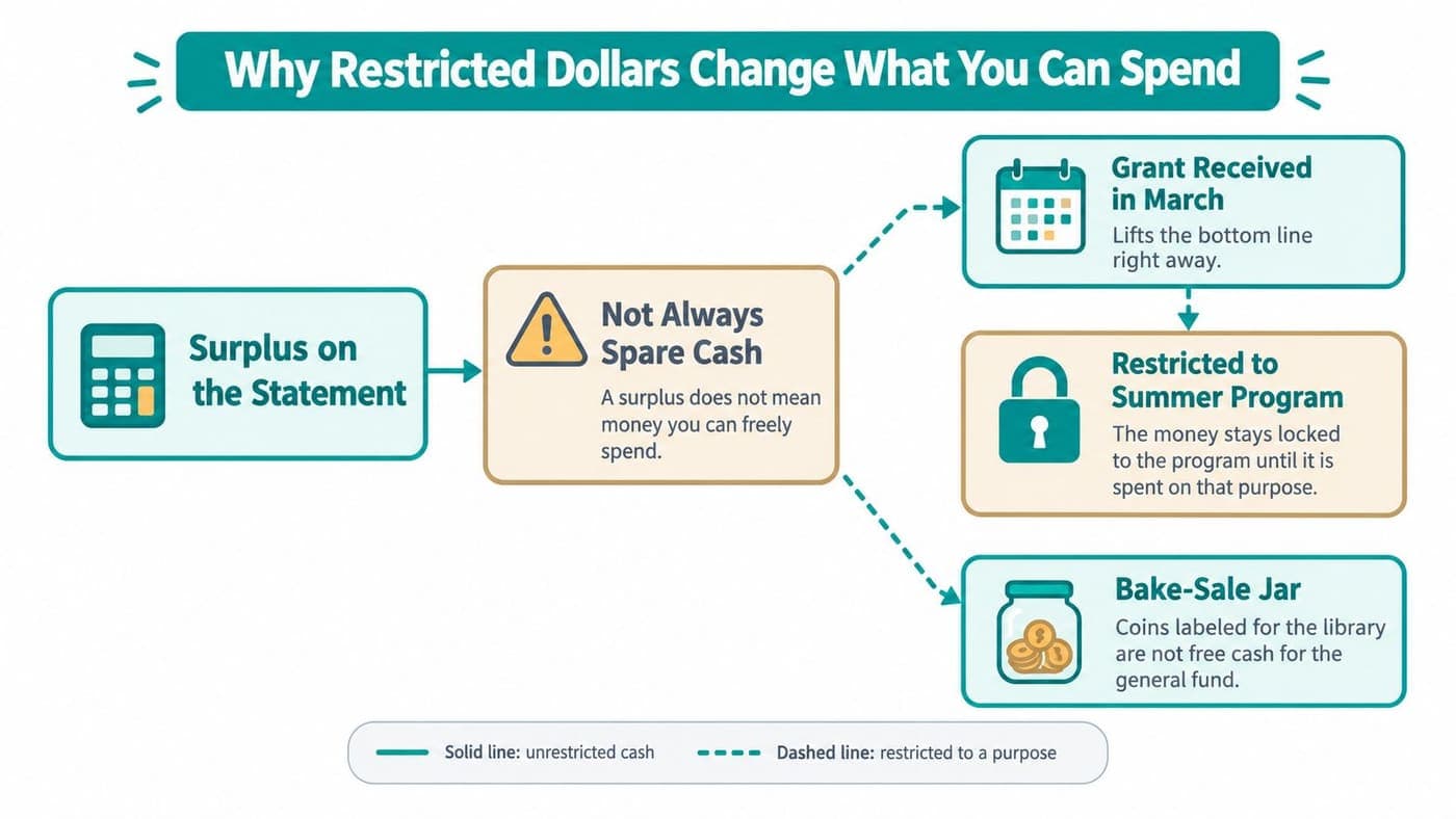 Flowchart showing why a nonprofit surplus is not always spendable cash