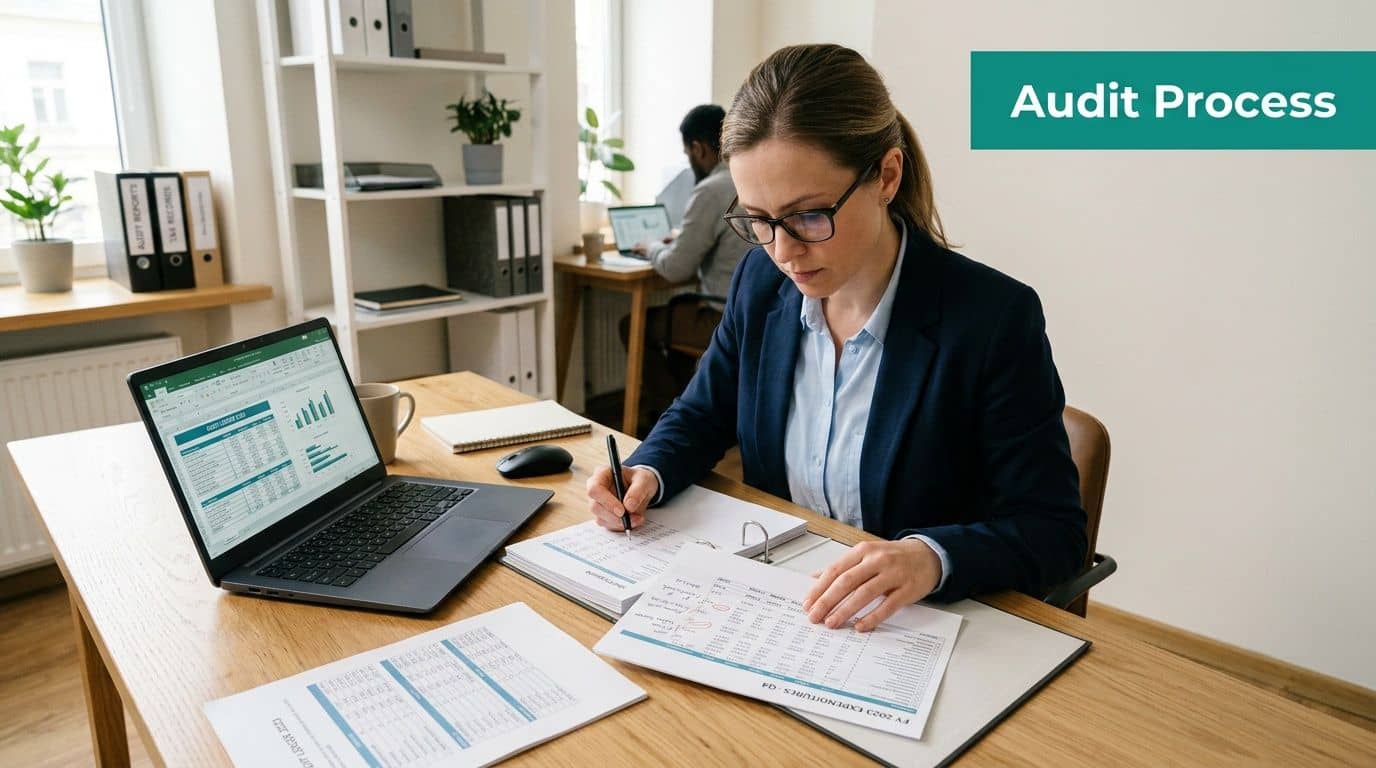 Woman in a suit working on financial audit documents at her desk with a laptop