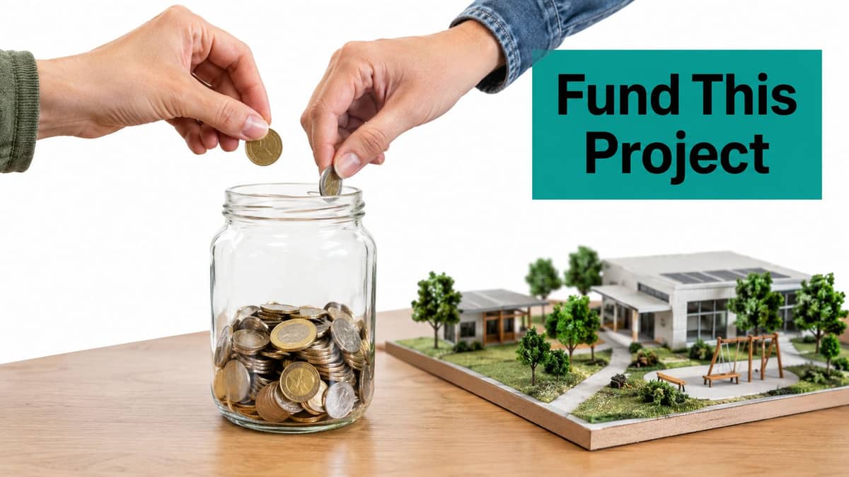 Two people adding coins to a jar beside a small community project model