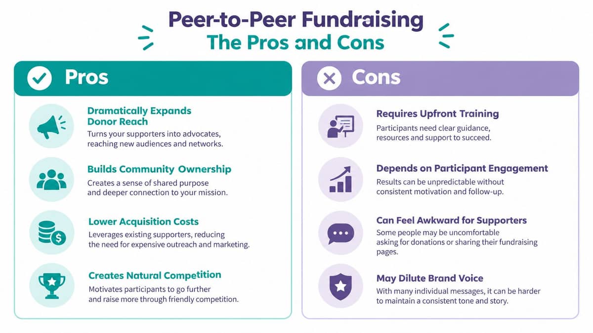 Infographic listing pros and cons of peer-to-peer fundraising for nonprofits