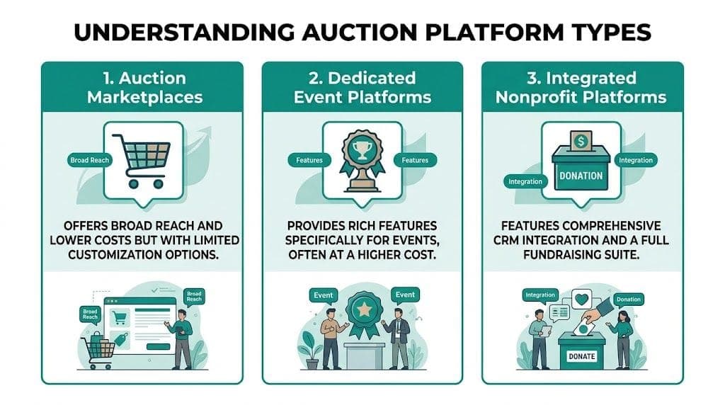 Guide comparing auction marketplaces, event platforms, and nonprofit auction tools