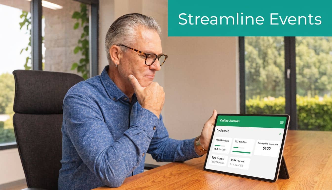 Nonprofit professional reviewing an online auction dashboard on a tablet