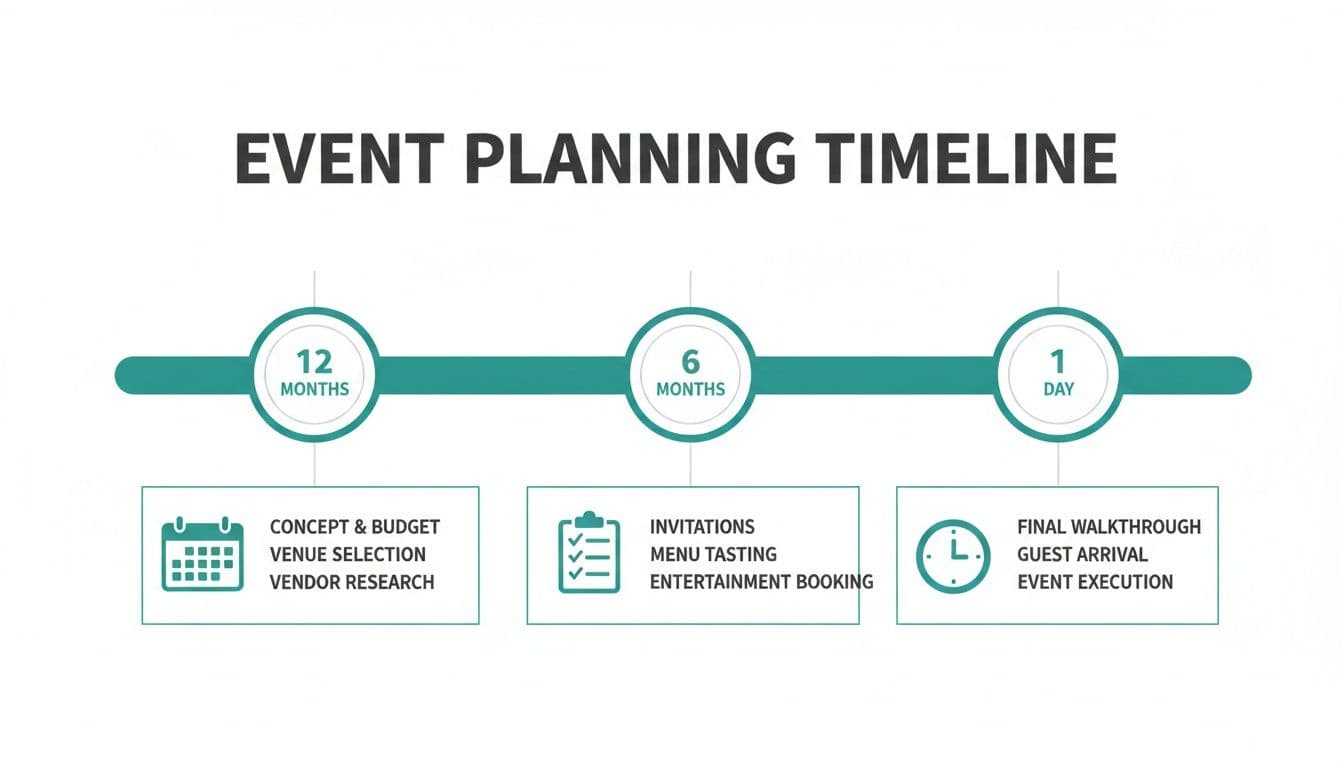 Detailed event planning timeline with tasks listed for 12 months