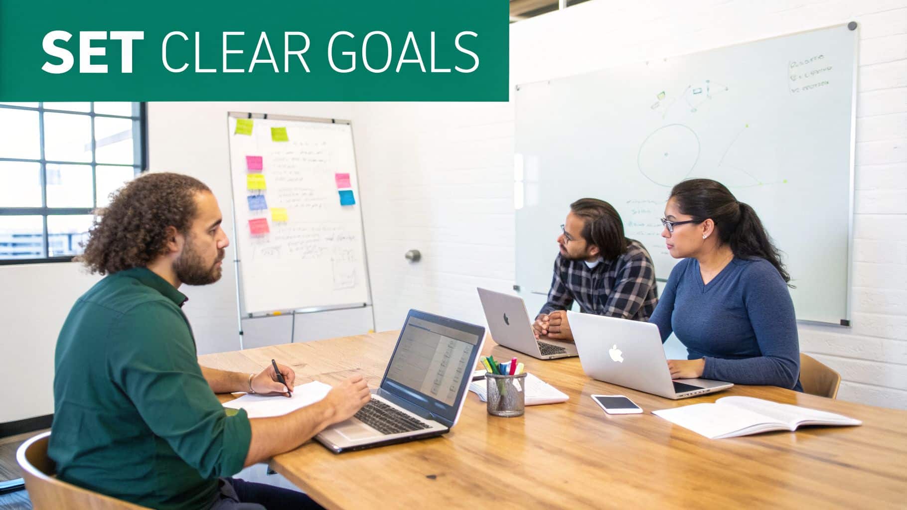 Team members set clear goals, working on laptops and whiteboards in a bright office