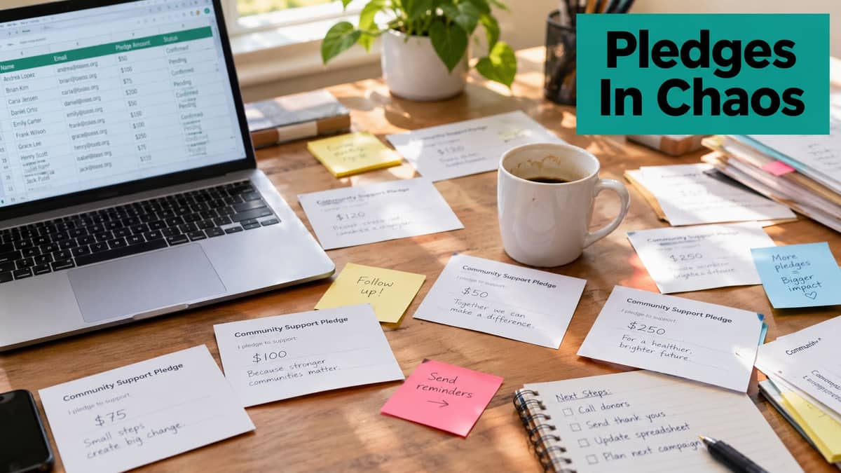 Cluttered desk with a pledge spreadsheet, coffee, and reminder notes