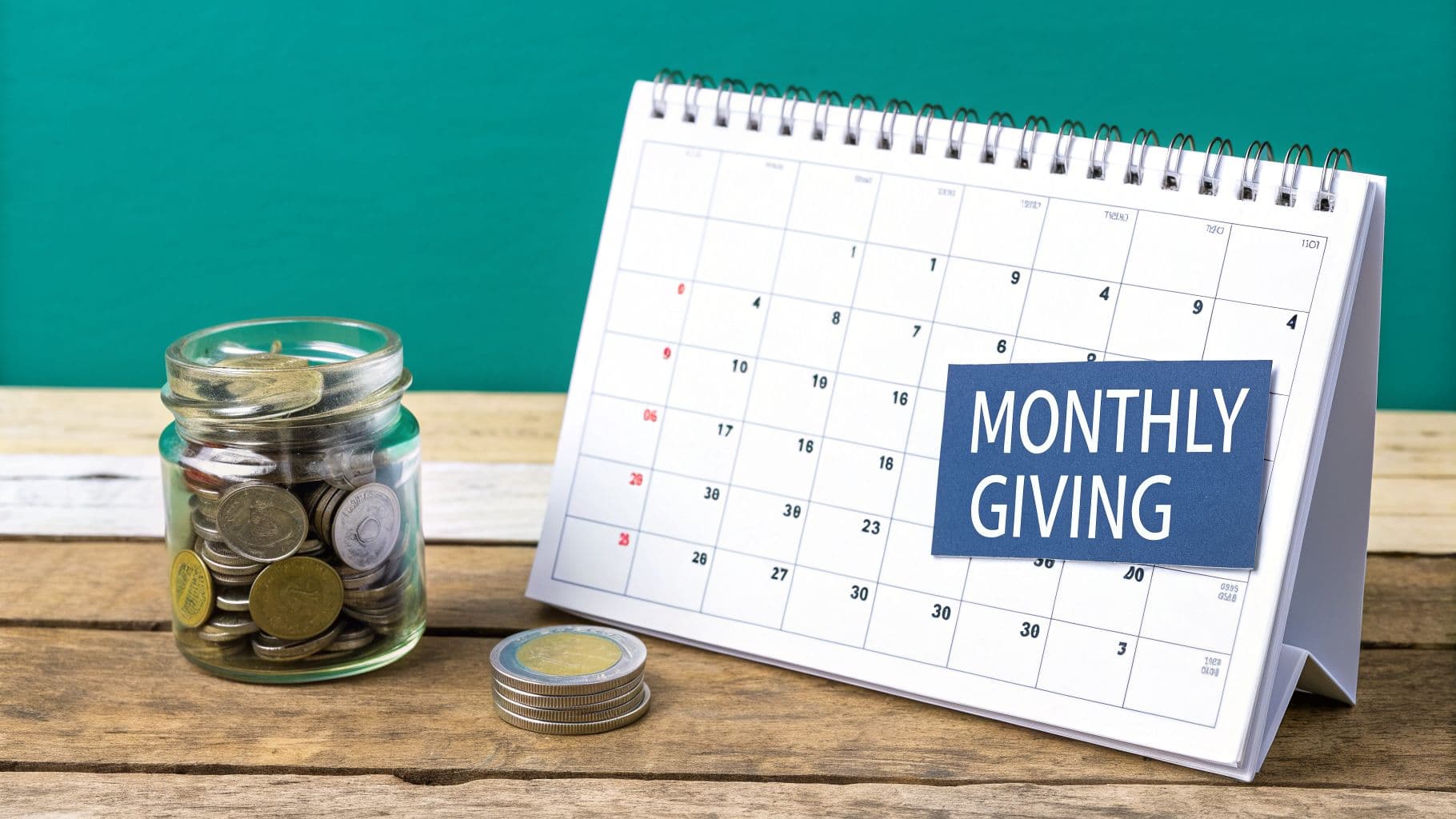 Monthly giving program concept with a calendar, coin jar, and stack of coins on a wooden table