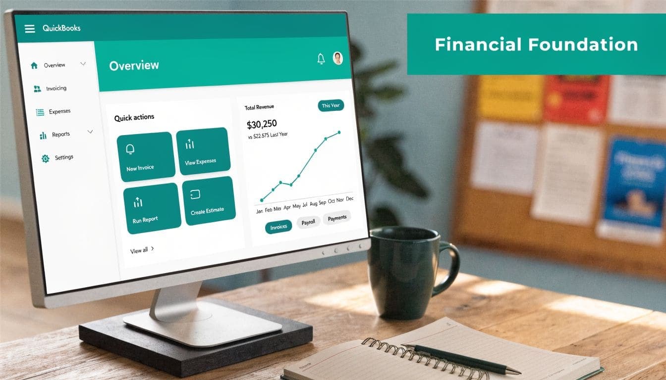 Computer monitor displaying the QuickBooks overview dashboard showing revenue trends on a wooden office desk.