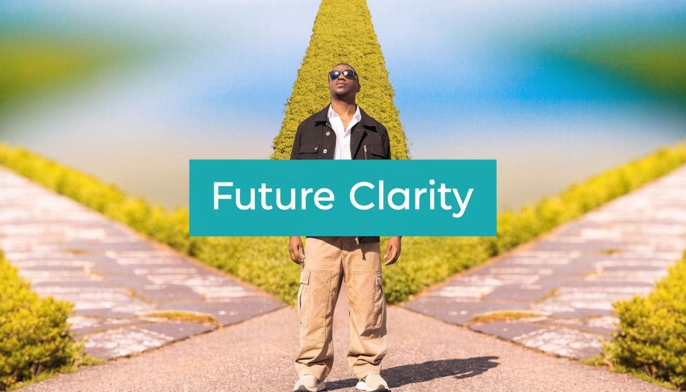 A man wearing sunglasses standing at a path junction with the text Future Clarity overlaid.