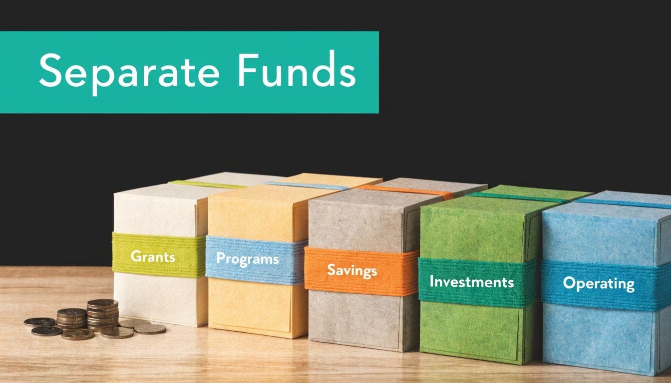 A row of five colored boxes representing separate financial funds for a nonprofit organization.